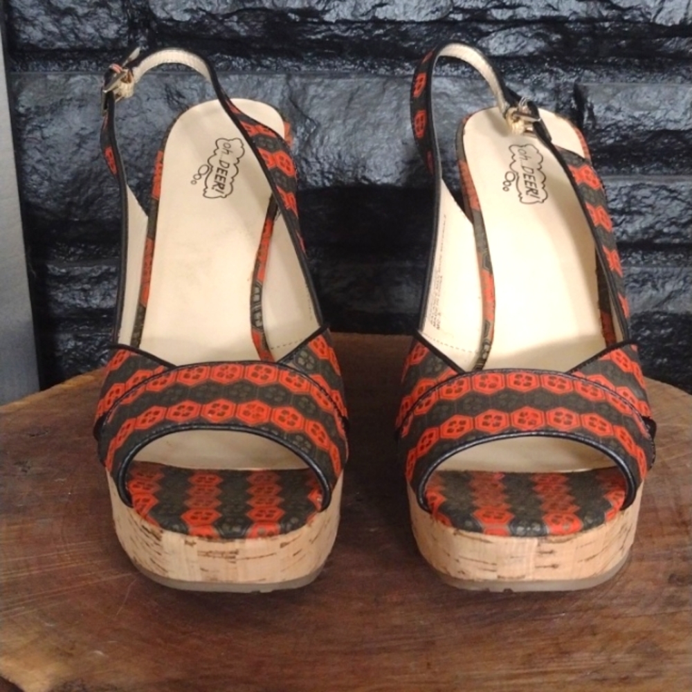 Oh Deer!  Cork and Cotton Sling Back Open Toe Wedge Sandals Size 10